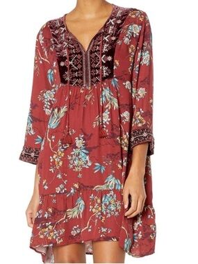 Johnny Was Rust Floral Velvet-Yoke Tunic Dress
